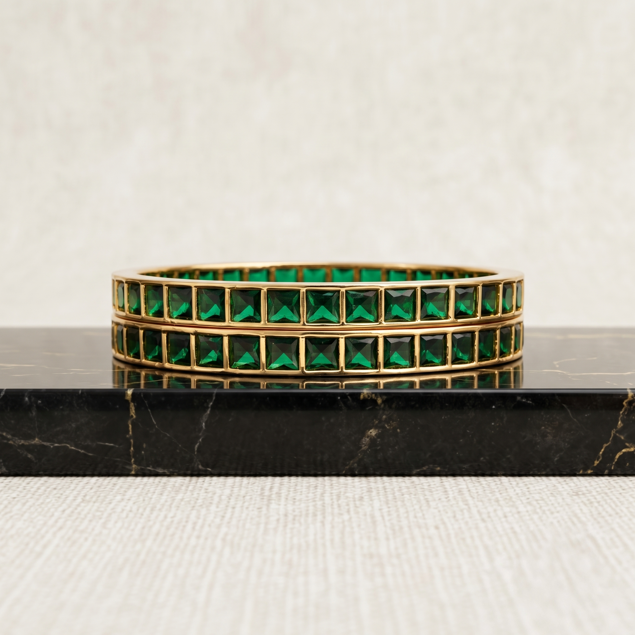 Gold Plated Square Cut Stone Bangle — Green & White alternate angle - Avalna